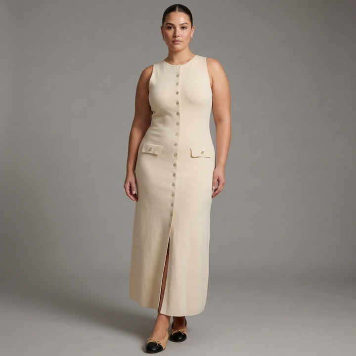 Quinn – Elegante Mouwloze Knopen Bodycon Brei Maxi Jurk