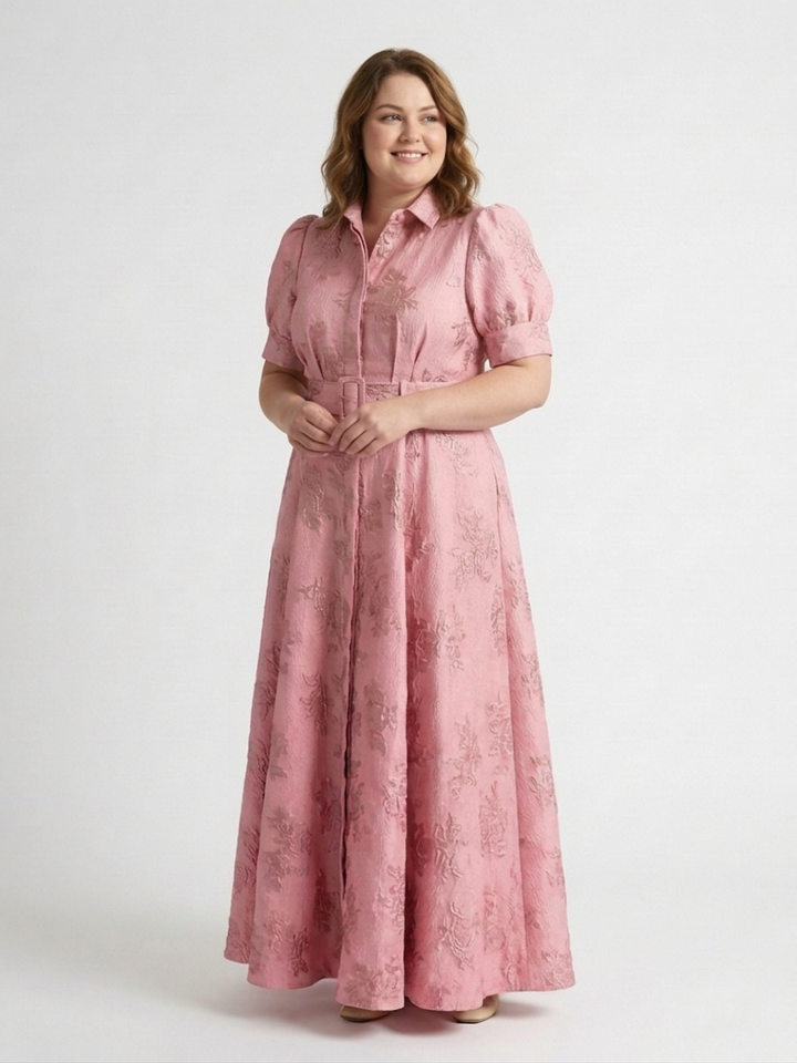 Lucienne | Korte Mouw Geknoopte Bloemige Textuur Maxi Hemdress