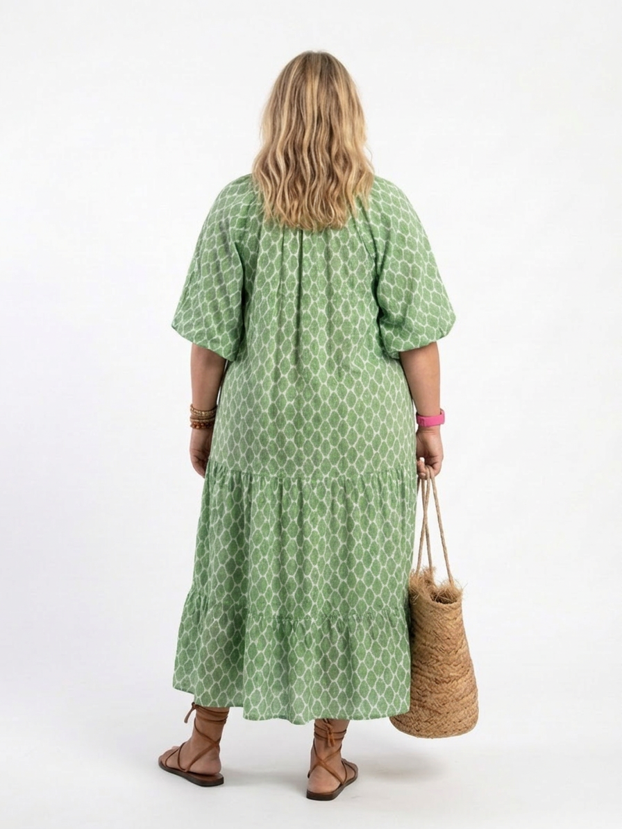 Imogen | Driekwart Mouw V-Hals Patroon Midi Jurk