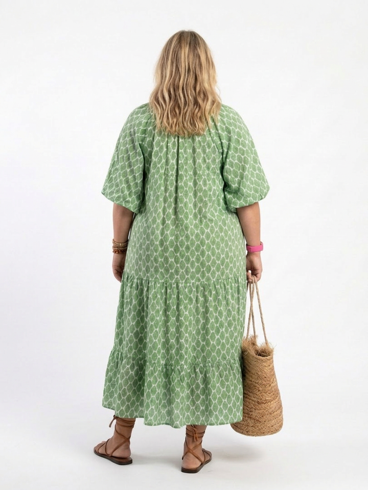 Imogen | Driekwart Mouw V-Hals Patroon Midi Jurk