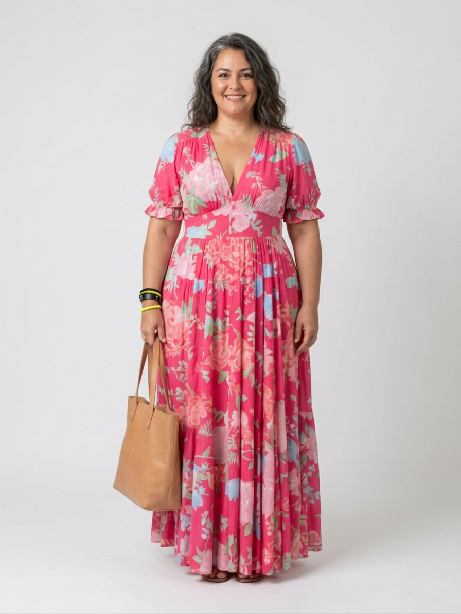 Elspeth | Korte Mouw V-Hals Bloemen Midi Jurk