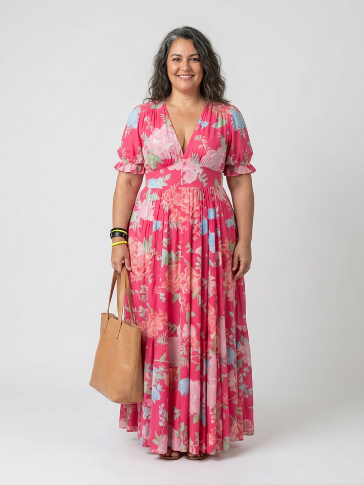 Elspeth | Korte Mouw V-Hals Bloemen Midi Jurk