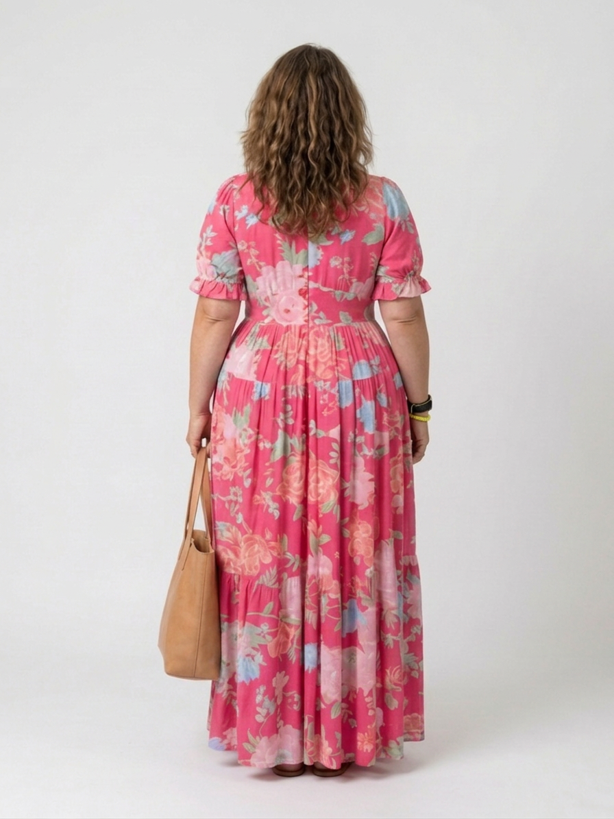 Elspeth | Korte Mouw V-Hals Bloemen Midi Jurk