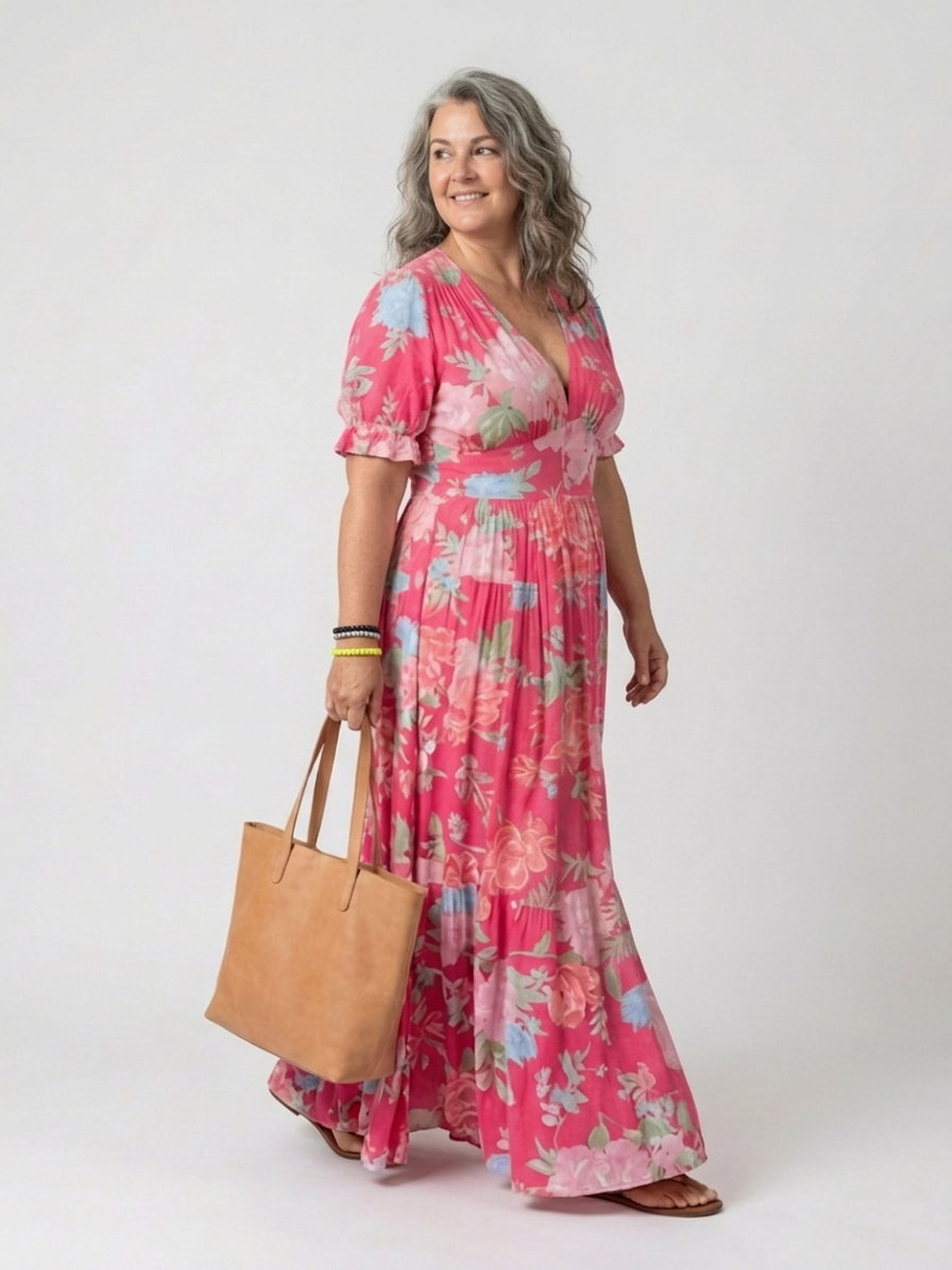 Elspeth | Korte Mouw V-Hals Bloemen Midi Jurk