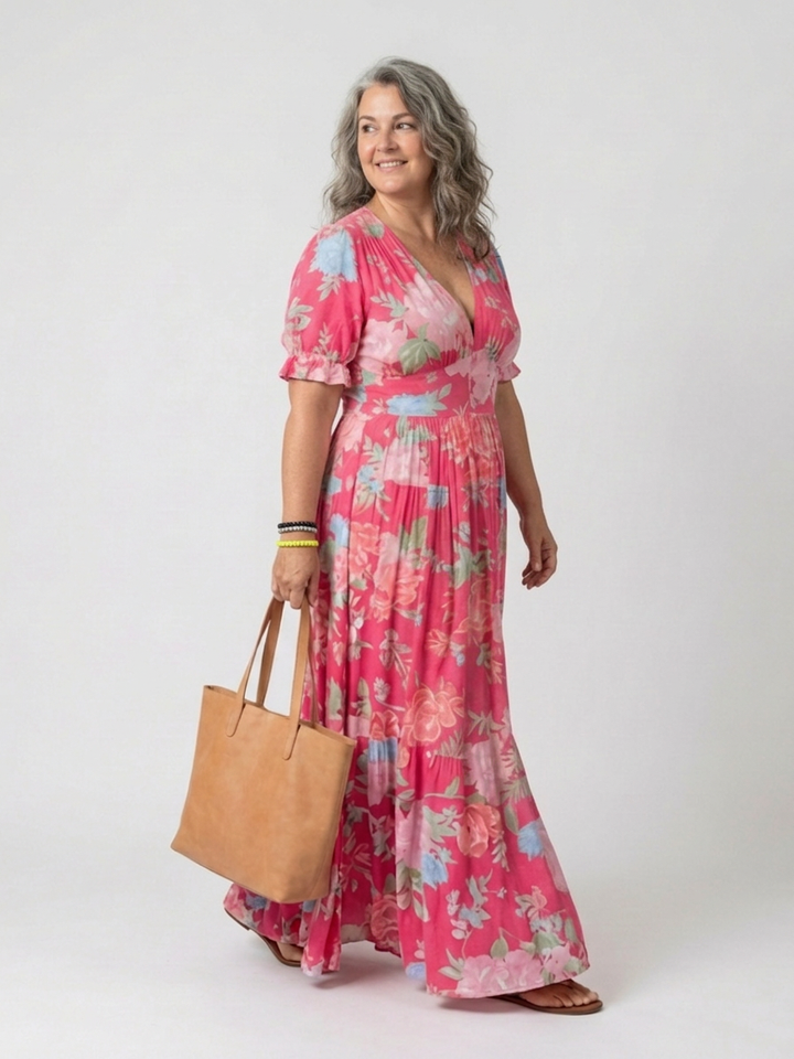 Elspeth | Korte Mouw V-Hals Bloemen Midi Jurk