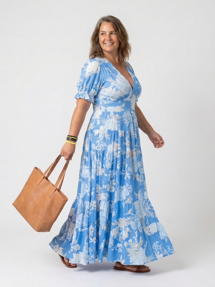 Elspeth | Korte Mouw V-Hals Bloemen Midi Jurk