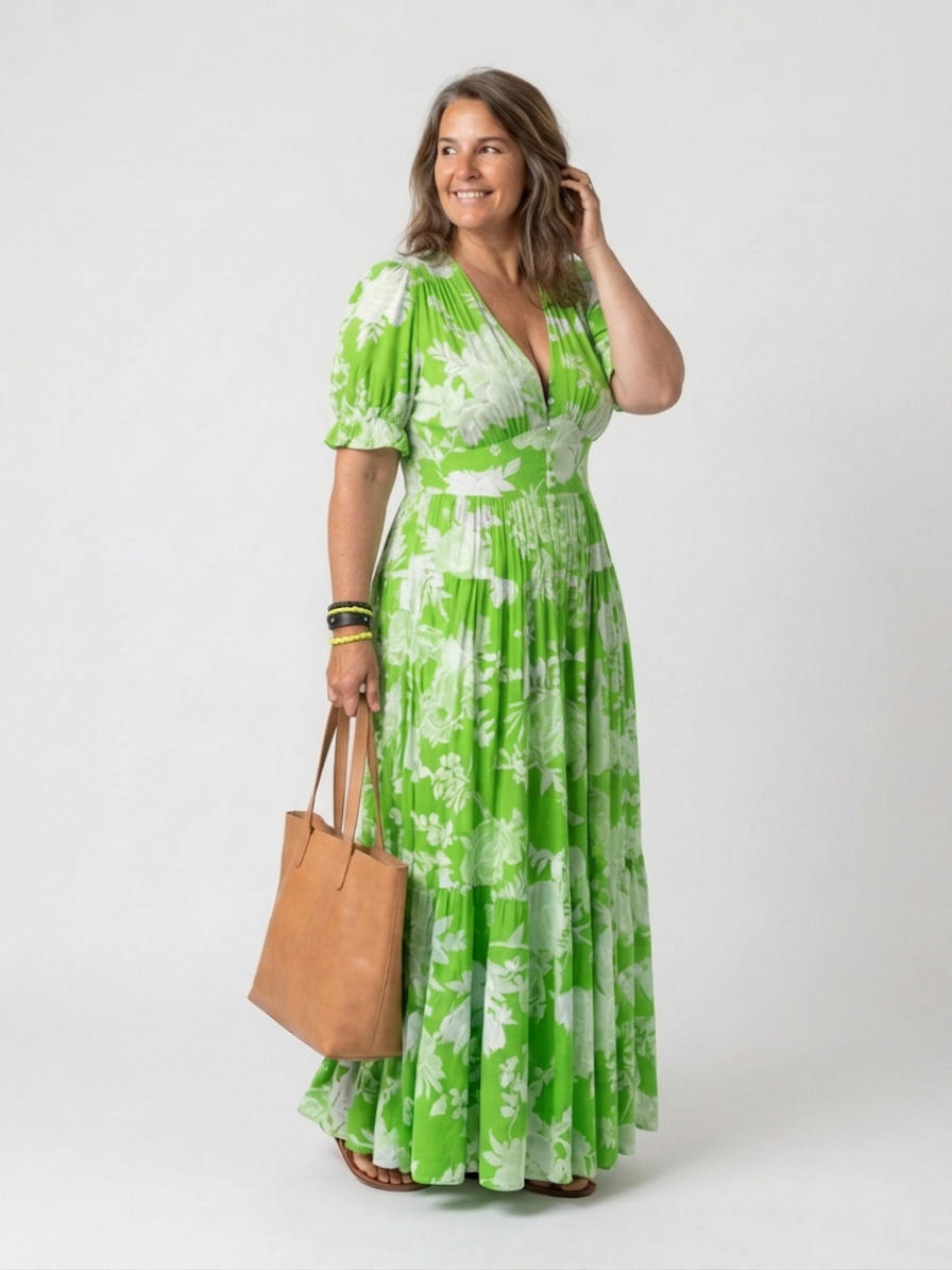 Elspeth | Korte Mouw V-Hals Bloemen Midi Jurk