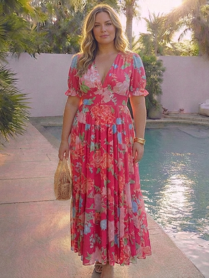 Elspeth | Korte Mouw V-Hals Bloemen Midi Jurk