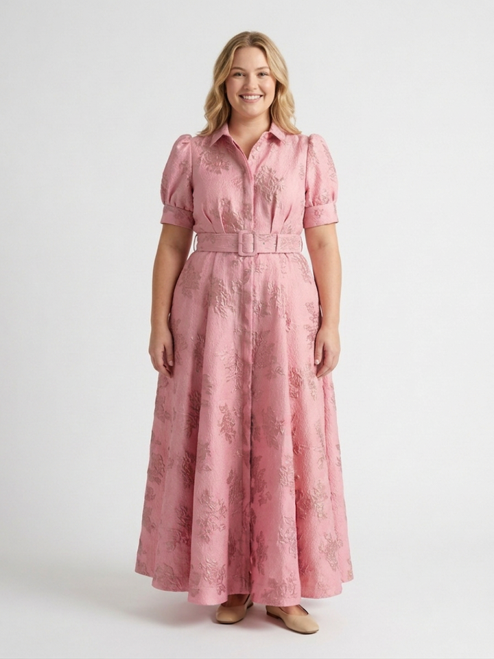 Lucienne | Korte Mouw Geknoopte Bloemige Textuur Maxi Hemdress