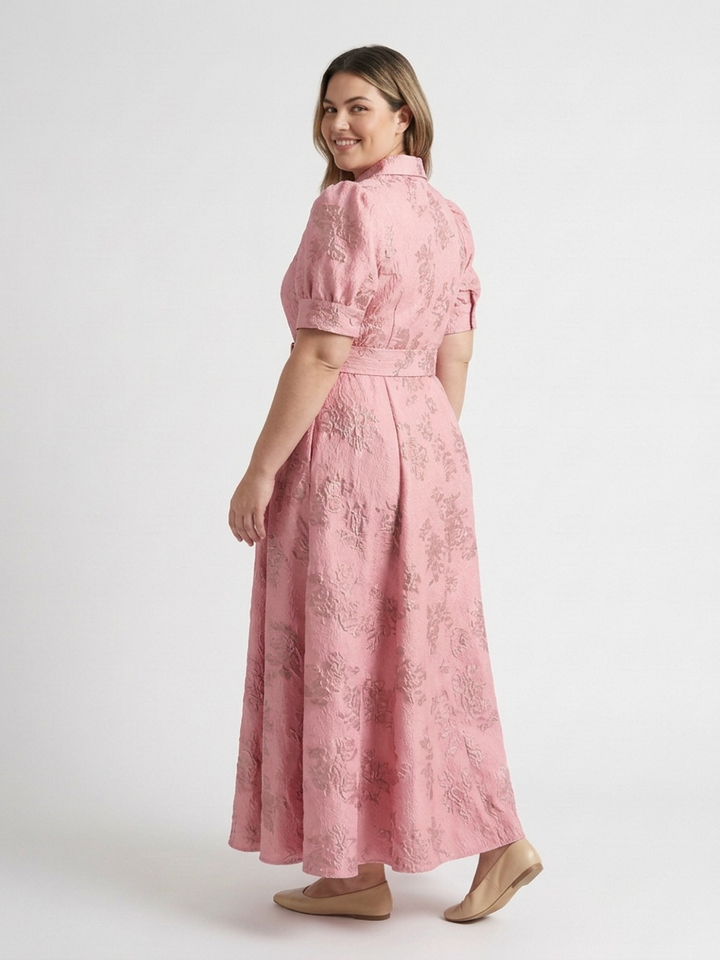 Lucienne | Korte Mouw Geknoopte Bloemige Textuur Maxi Hemdress