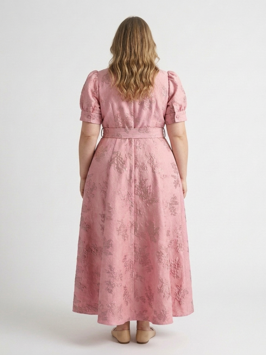 Lucienne | Korte Mouw Geknoopte Bloemige Textuur Maxi Hemdress