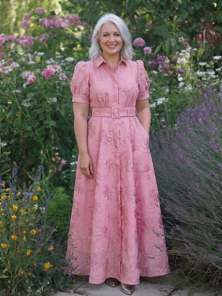 Lucienne | Korte Mouw Geknoopte Bloemige Textuur Maxi Hemdress