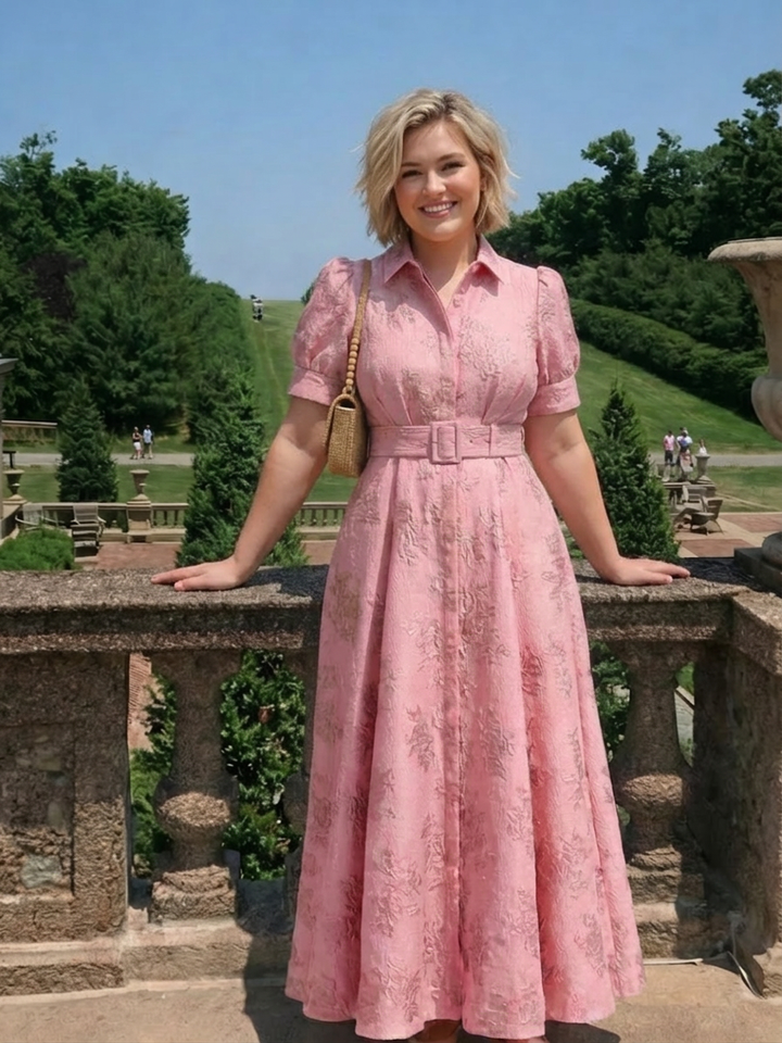 Lucienne | Korte Mouw Geknoopte Bloemige Textuur Maxi Hemdress