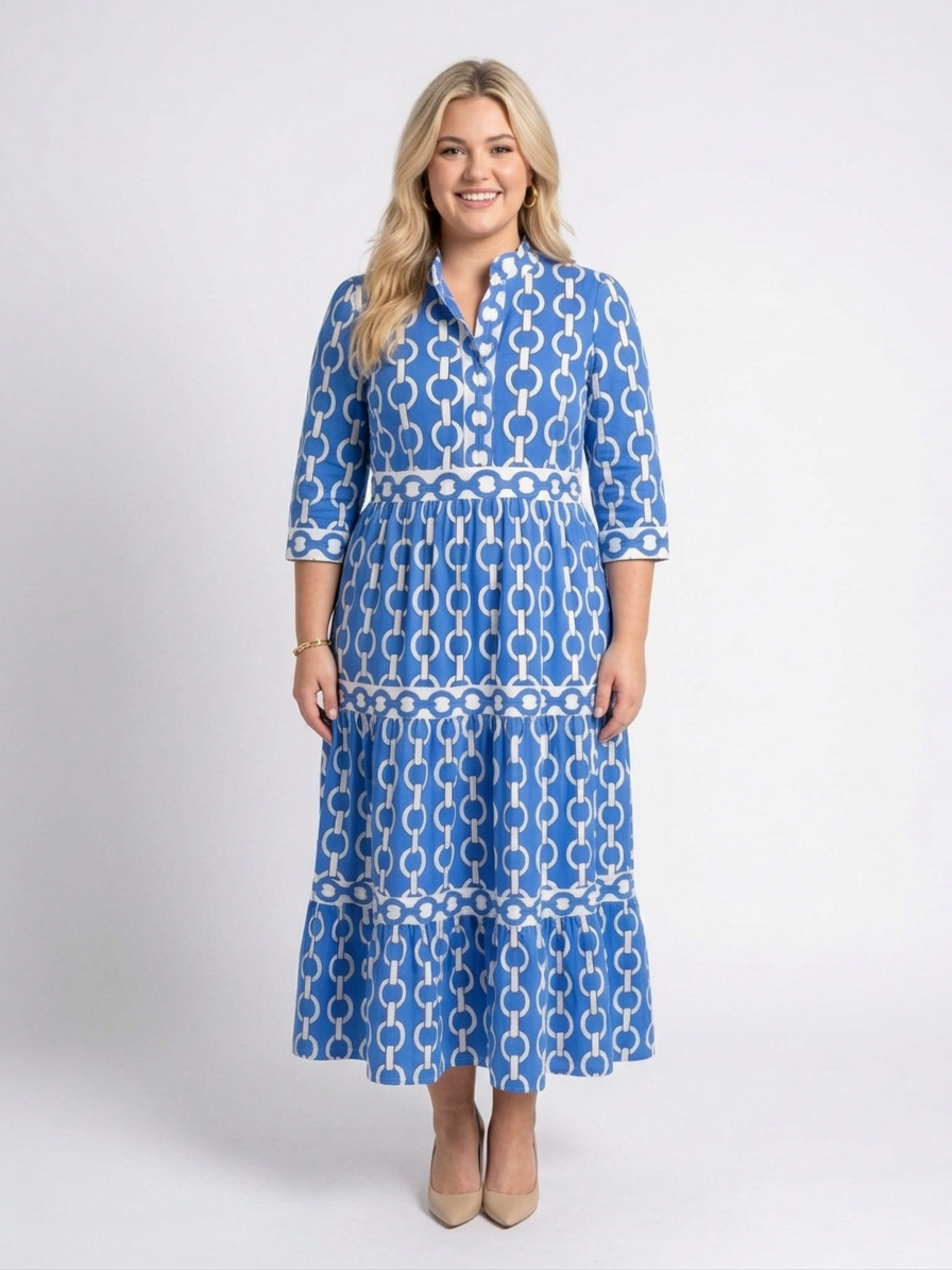 Tamsin | Midi-jurk met driekwartmouwen en kettingpatroon