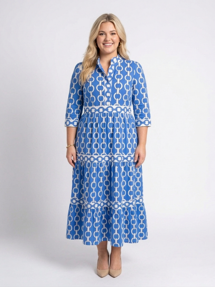 Tamsin | Midi-jurk met driekwartmouwen en kettingpatroon