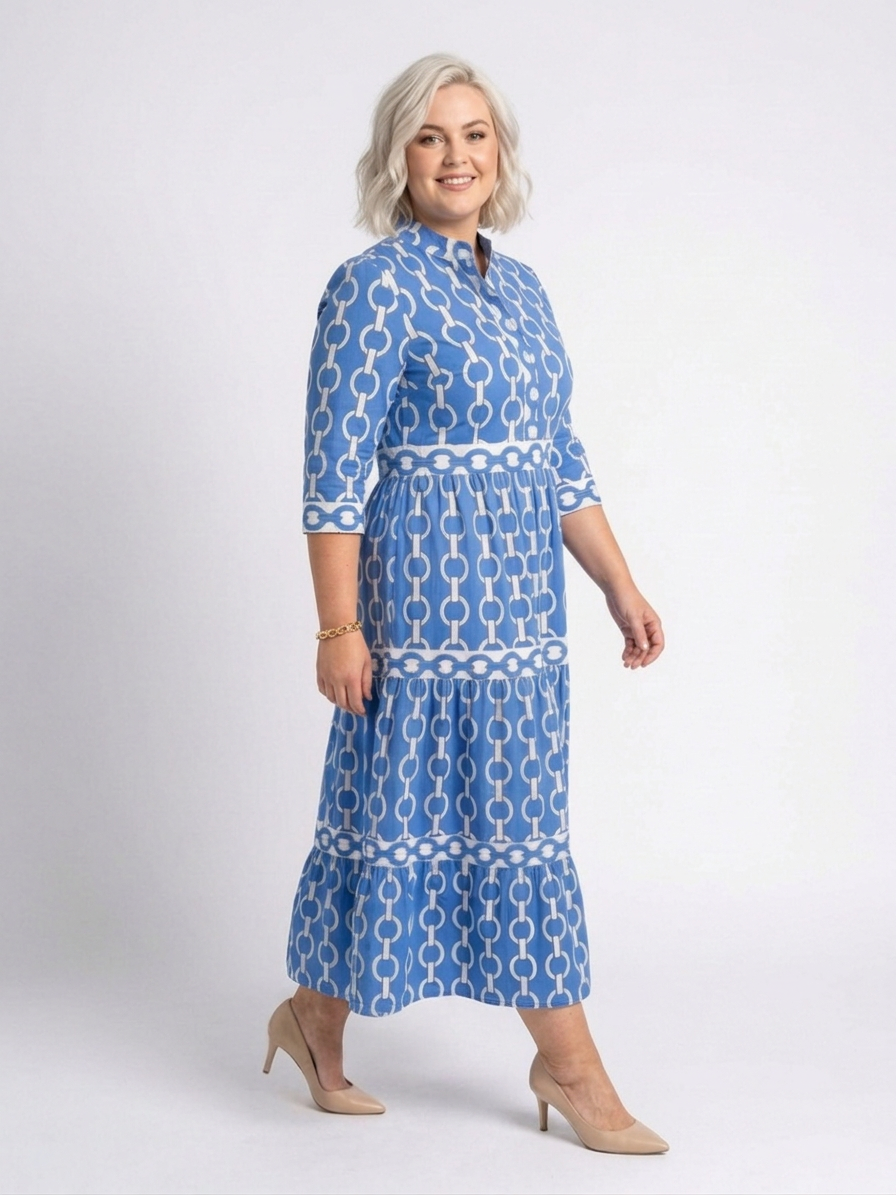 Tamsin | Midi-jurk met driekwartmouwen en kettingpatroon