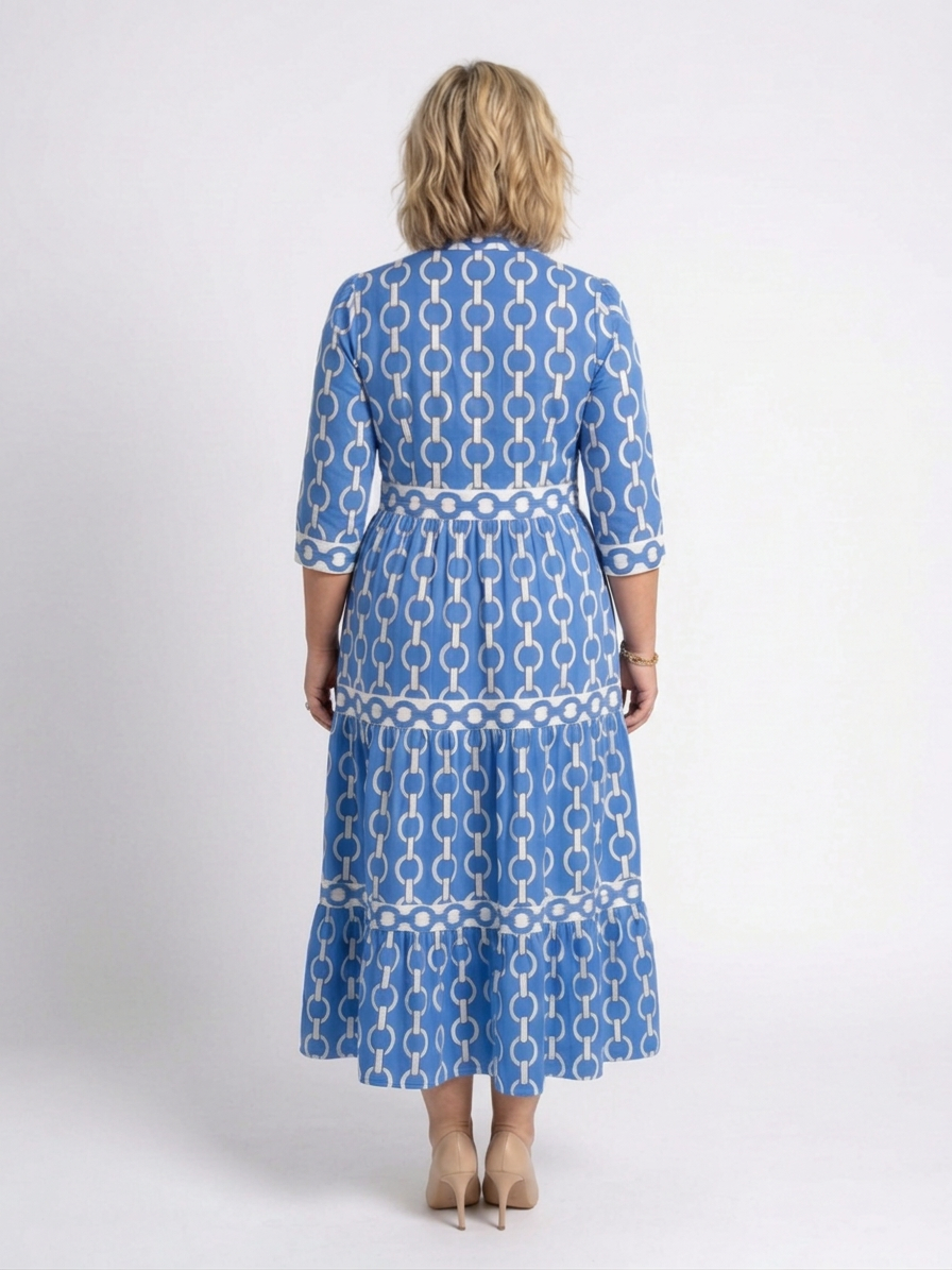Tamsin | Midi-jurk met driekwartmouwen en kettingpatroon