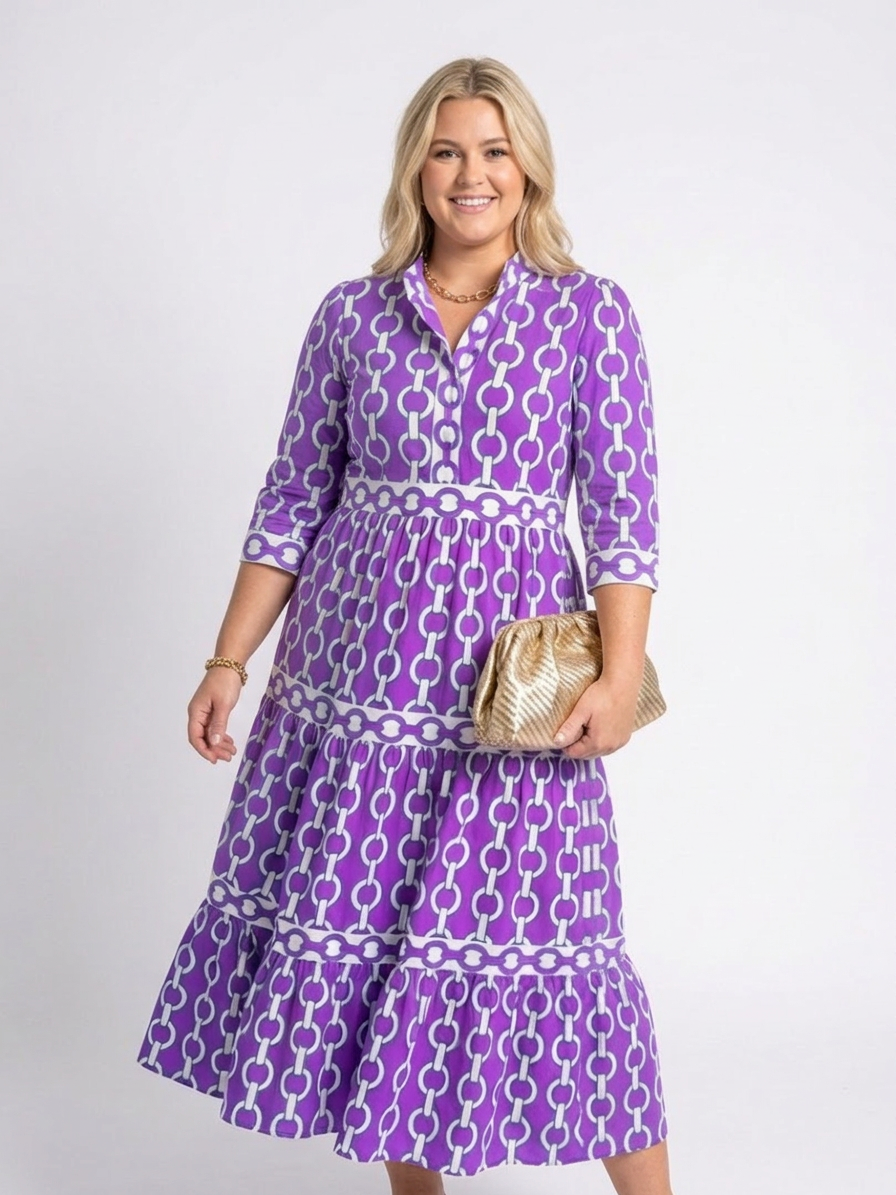 Tamsin | Midi-jurk met driekwartmouwen en kettingpatroon