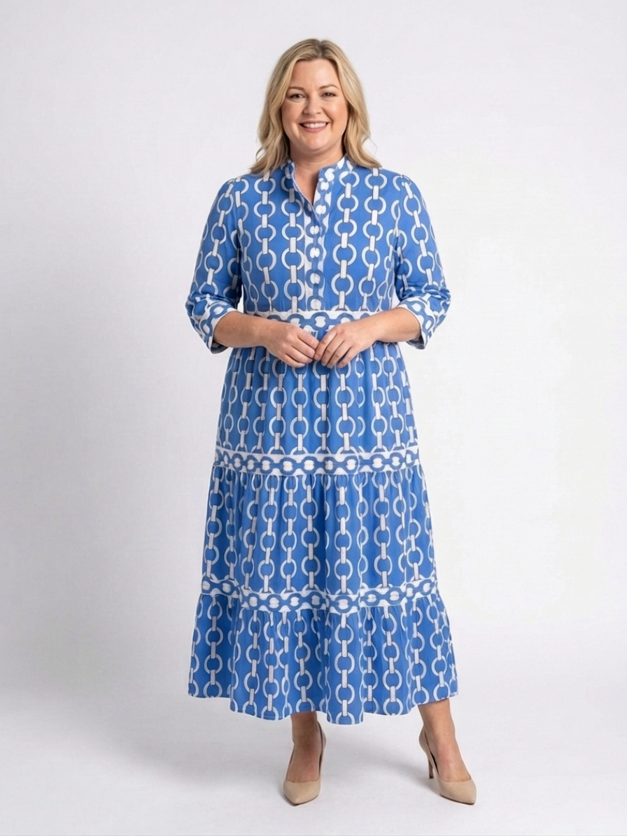 Tamsin | Midi-jurk met driekwartmouwen en kettingpatroon