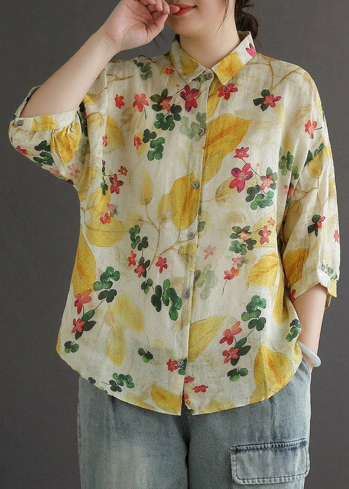 Galina - Elegante Print Peter Pan Kraag Knop Zomer Linnen Top Driekwart Mouw