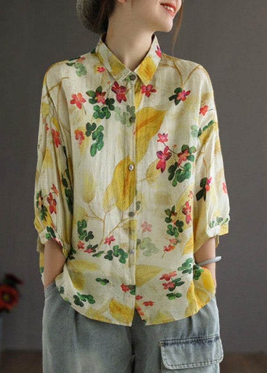 Galina - Elegante Print Peter Pan Kraag Knop Zomer Linnen Top Driekwart Mouw