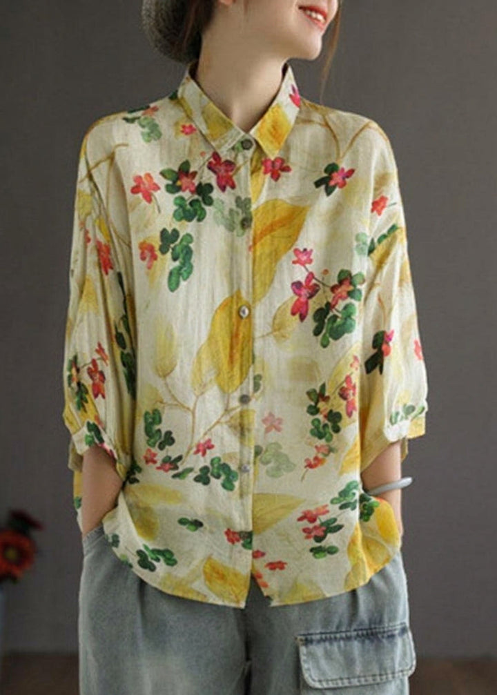 Galina - Elegante Print Peter Pan Kraag Knop Zomer Linnen Top Driekwart Mouw
