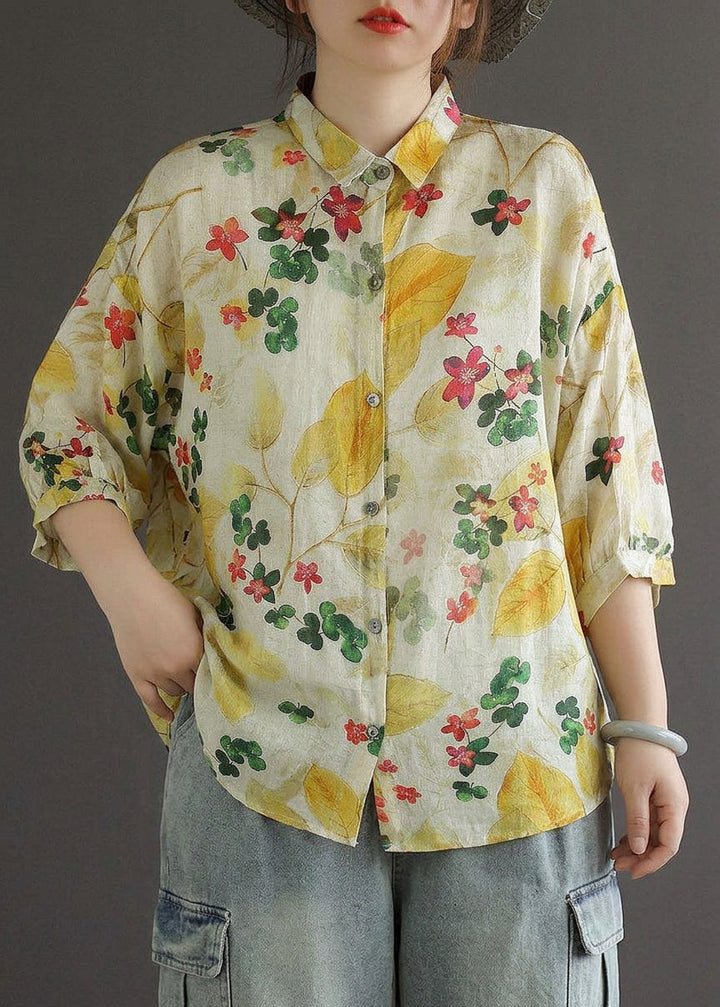 Galina - Elegante Print Peter Pan Kraag Knop Zomer Linnen Top Driekwart Mouw