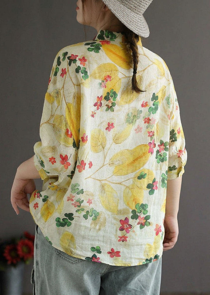 Galina - Elegante Print Peter Pan Kraag Knop Zomer Linnen Top Driekwart Mouw