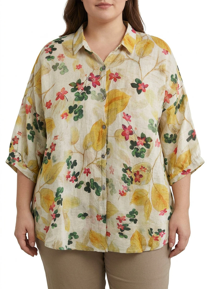 Galina - Elegante Print Peter Pan Kraag Knop Zomer Linnen Top Driekwart Mouw