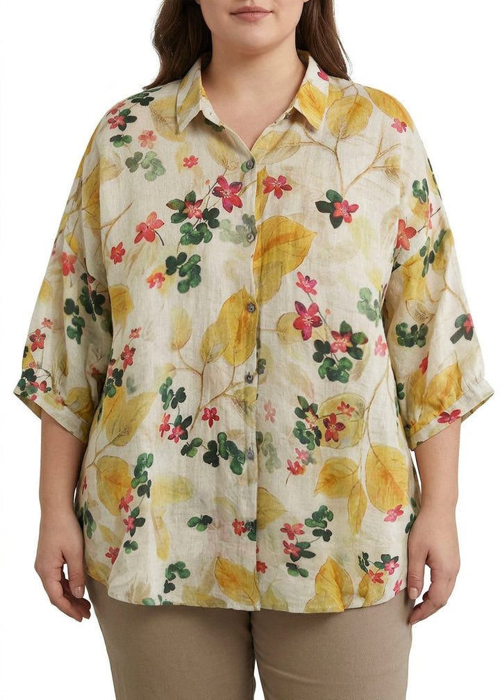Galina - Elegante Print Peter Pan Kraag Knop Zomer Linnen Top Driekwart Mouw