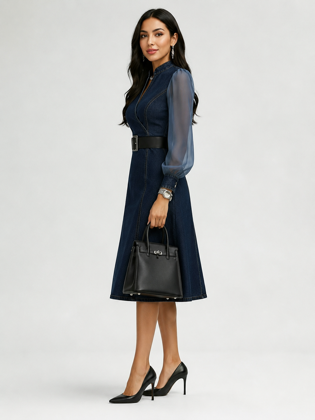 Etta Blauwe Denim Wikkel Midi Jurk met Doorzichtige Mouwen &amp; Ceintuur
