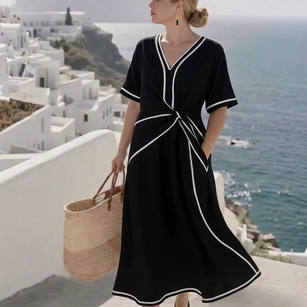 Florence | Maxi-jurk met V-hals en strik taille in contrastkleur