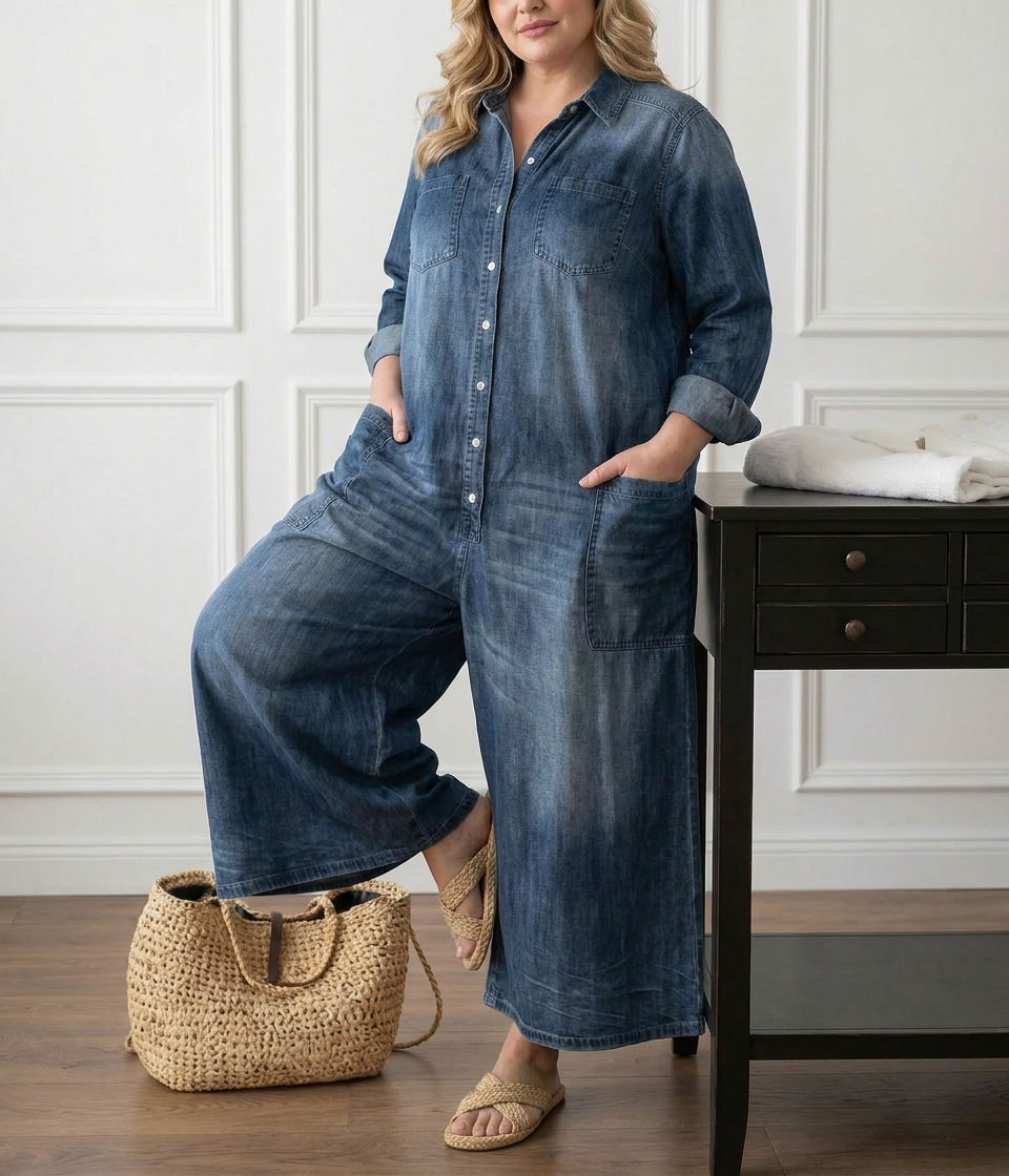 Parel | Vintage Gewassen Zachte Katoenen Denim Jumpsuit met Knopsluiting