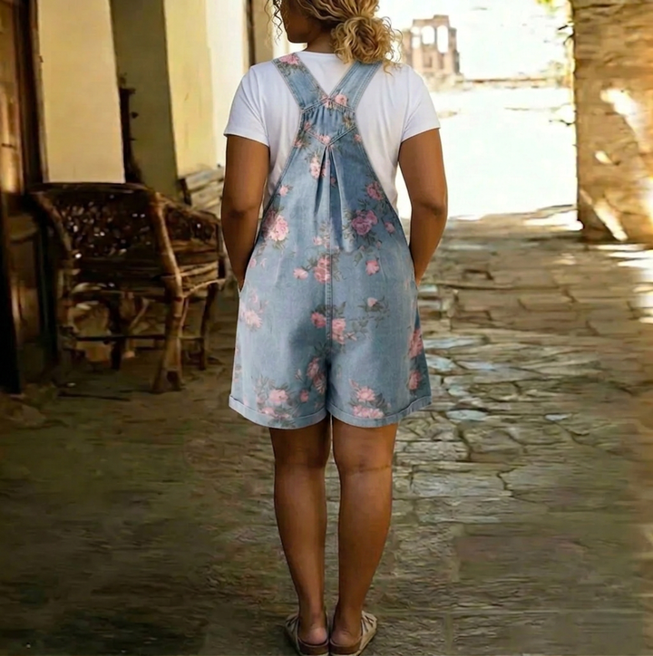 Solene | Vintage Gewassen Zachte Katoenachtige Denim Bloemen Jumpsuit