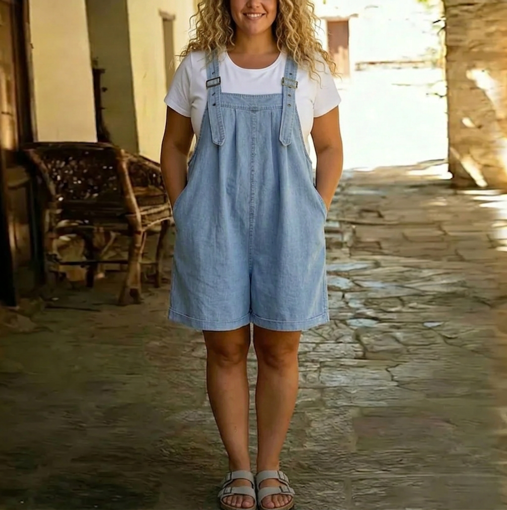 Romaine | Vintage Gewassen Zachte Katoen Voel Denim Korte Overall Lichtblauw