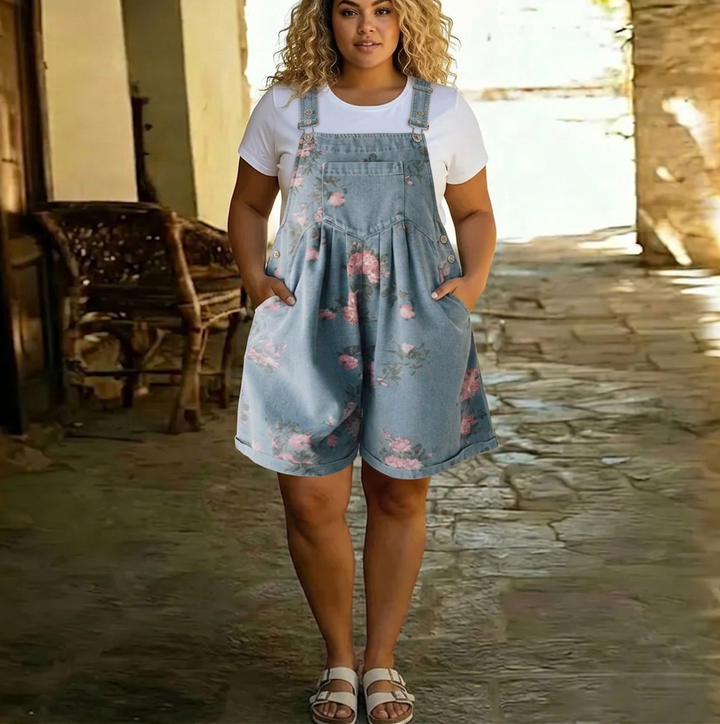 Solene | Vintage Gewassen Zachte Katoenachtige Denim Bloemen Jumpsuit
