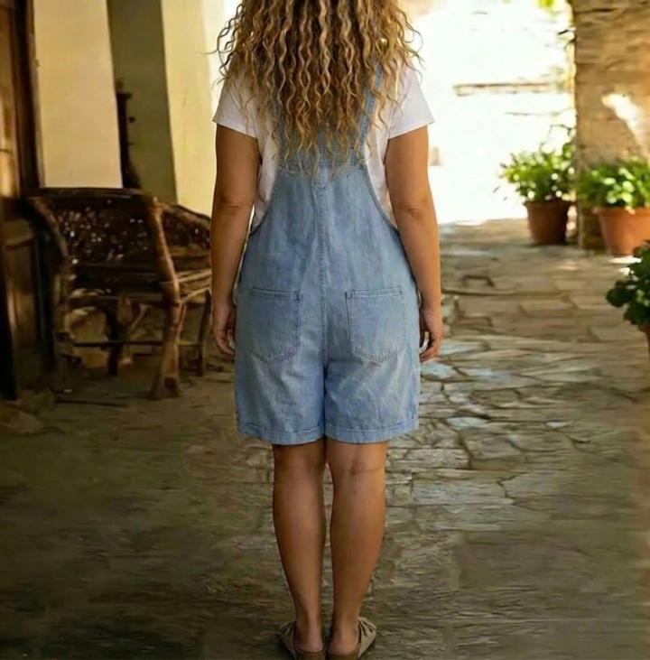 Romaine | Vintage Gewassen Zachte Katoen Voel Denim Korte Overall Lichtblauw