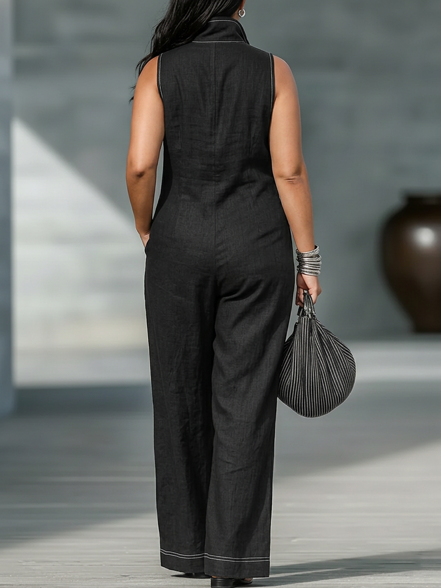 Dames Minimalistische Mouwloze Jumpsuit met Witte Afwerking