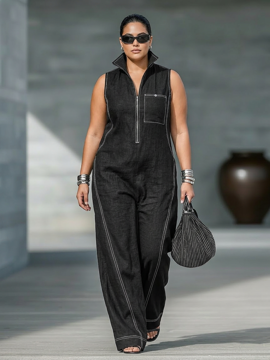 Dames Minimalistische Mouwloze Jumpsuit met Witte Afwerking