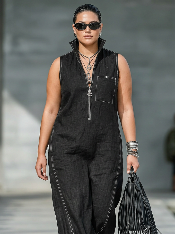 Dames Minimalistische Mouwloze Jumpsuit met Witte Afwerking
