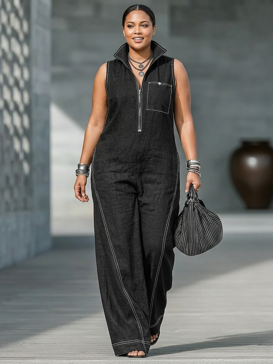 Dames Minimalistische Mouwloze Jumpsuit met Witte Afwerking