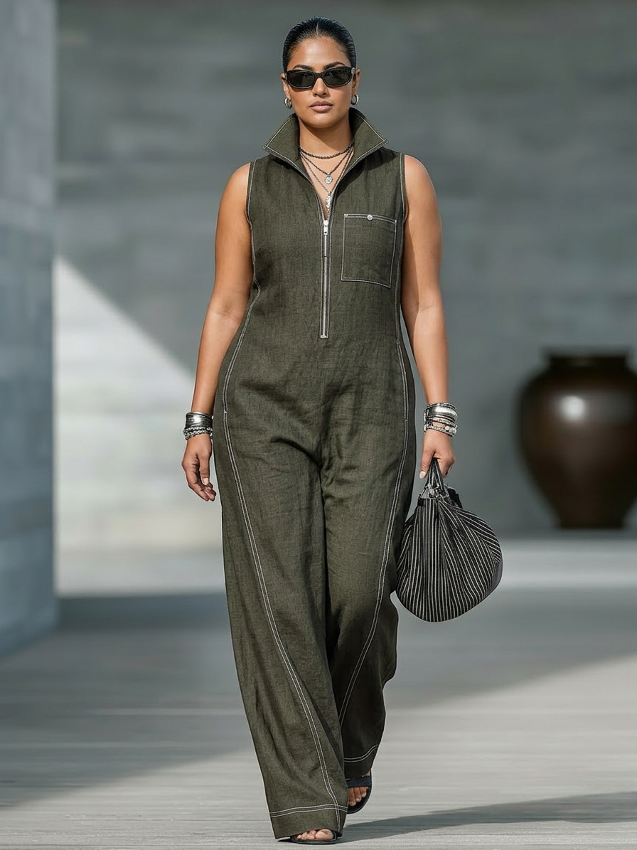 Dames Minimalistische Mouwloze Jumpsuit met Witte Afwerking
