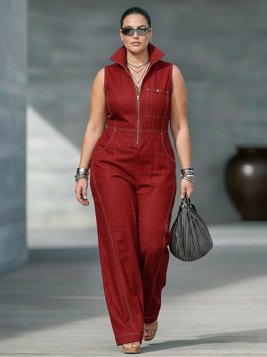Dames Minimalistische Mouwloze Jumpsuit met Witte Afwerking