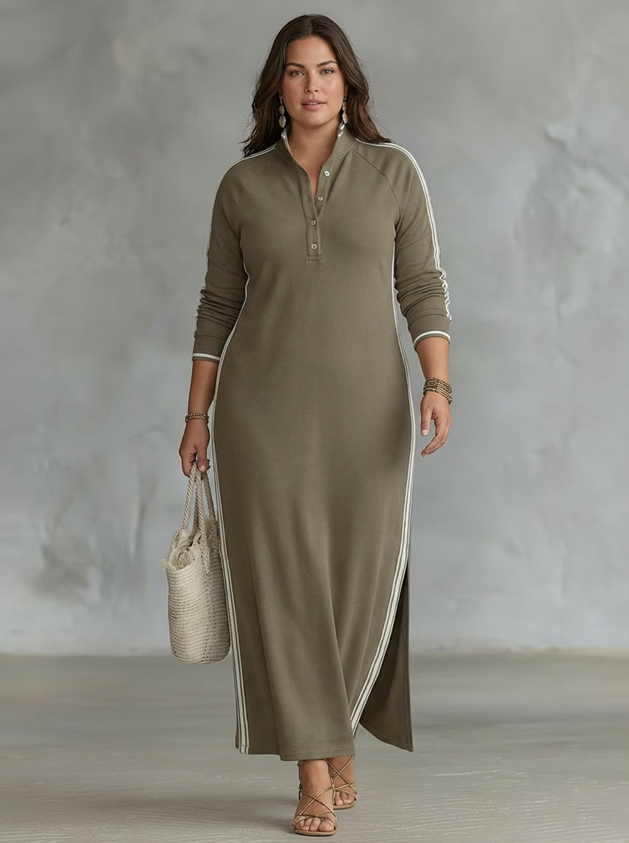 Maxi Sweatshirt Jurk voor Vrouwen met Knop-Kraag en Witte Afwerking