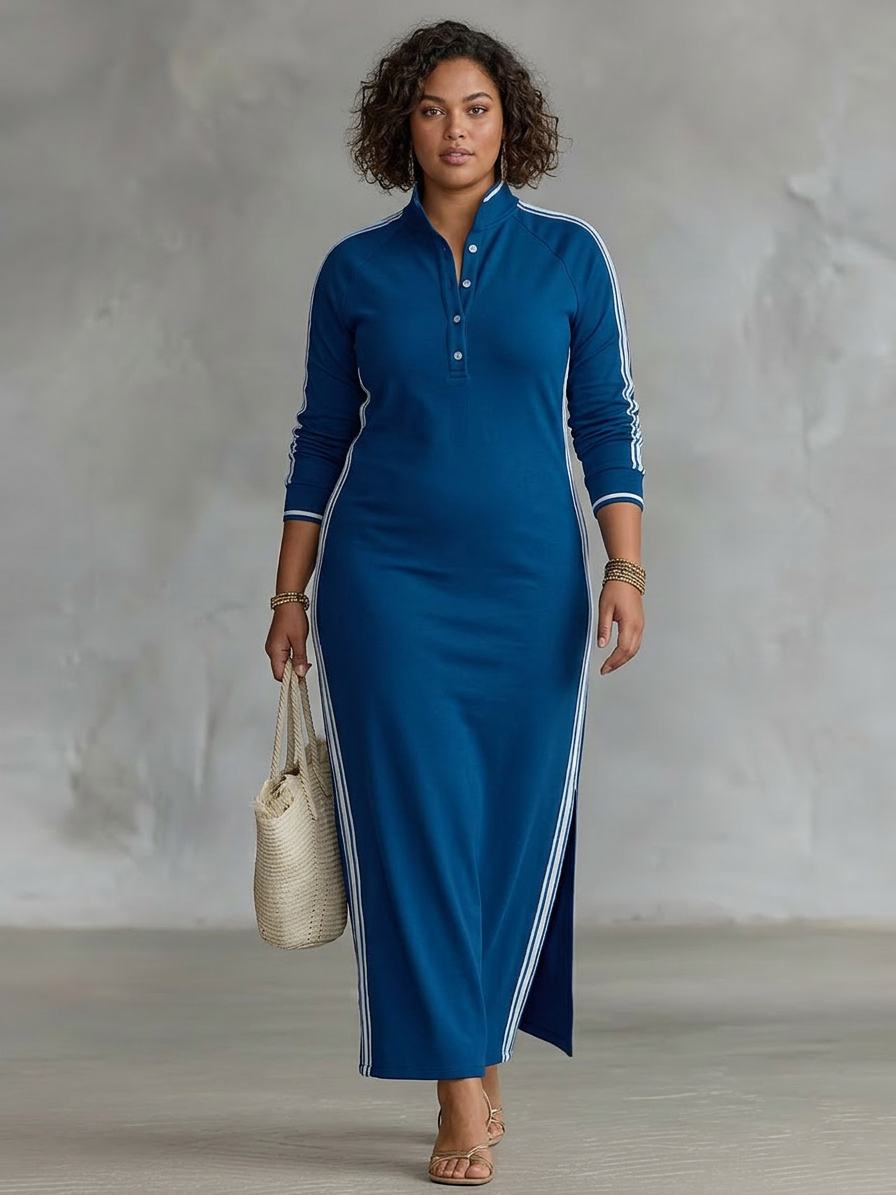 Maxi Sweatshirt Jurk voor Vrouwen met Knop-Kraag en Witte Afwerking