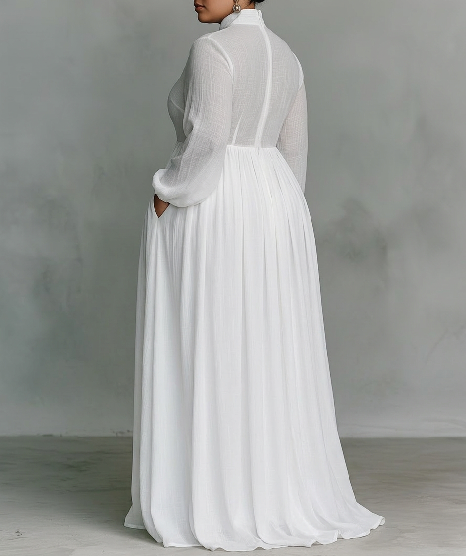 Vera - Maxi Minimalistische Jurk met Patchwork, Hoge Kraag en Lange Mouwen