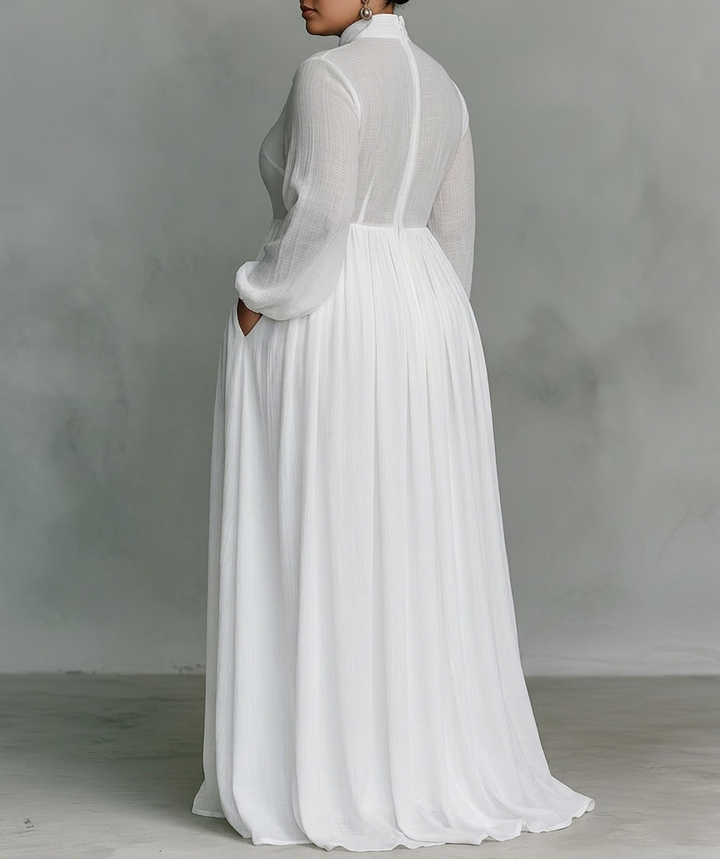 Vera - Maxi Minimalistische Jurk met Patchwork, Hoge Kraag en Lange Mouwen