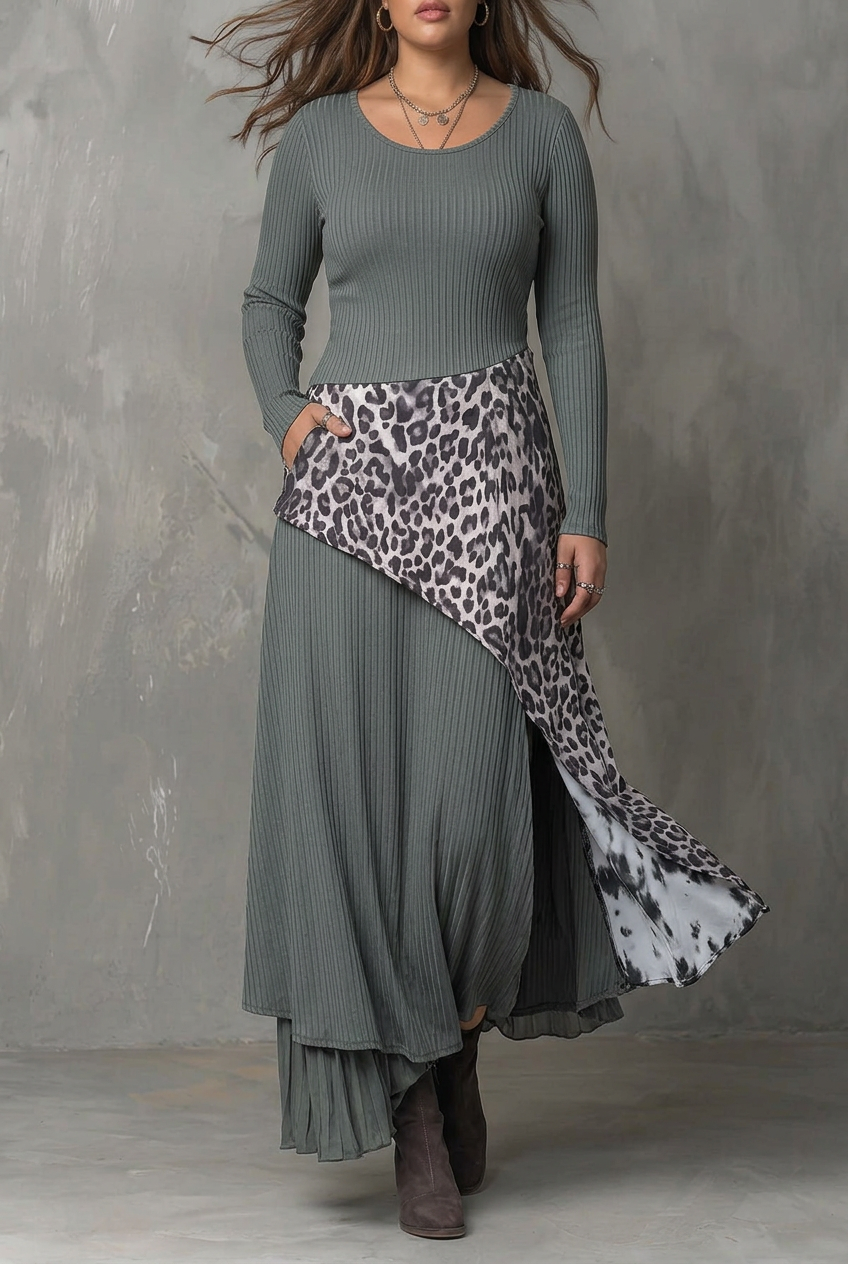 Grijze Pit Stripe Luipaardprint Splicing Asymmetrische Zoom Maxi Jurk