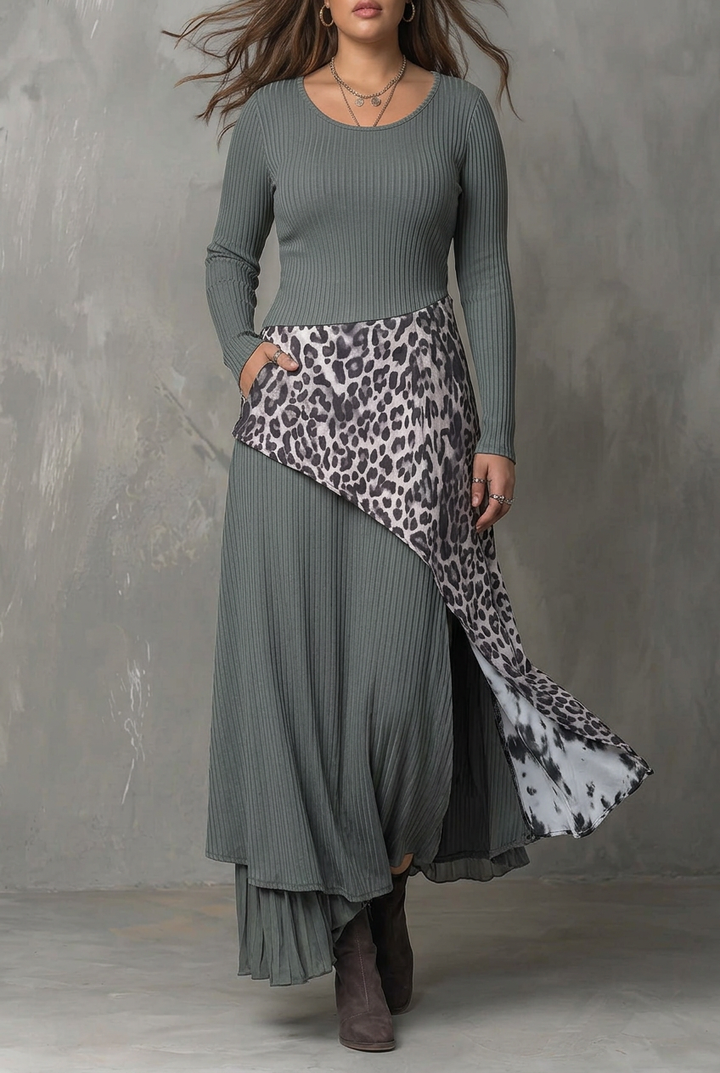 Grijze Pit Stripe Luipaardprint Splicing Asymmetrische Zoom Maxi Jurk