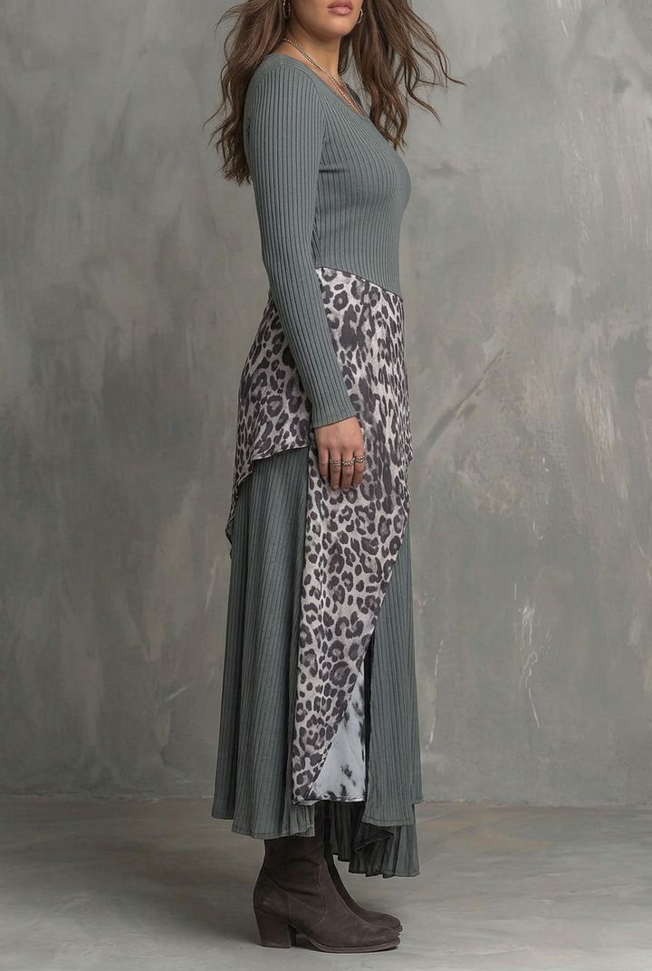 Grijze Pit Stripe Luipaardprint Splicing Asymmetrische Zoom Maxi Jurk